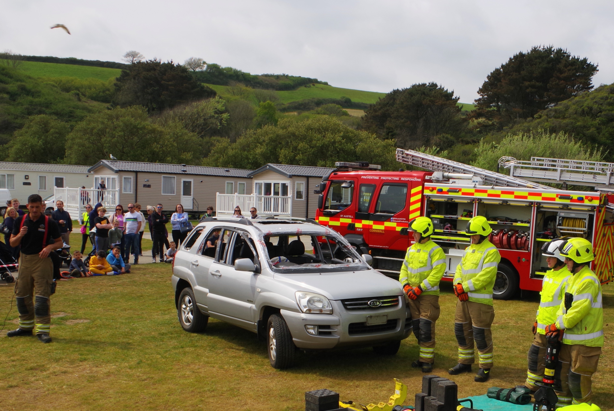 Road accident response demo by St Austell Fire Service using end-of-life vehicles supplied by Henry Orchard and Sons